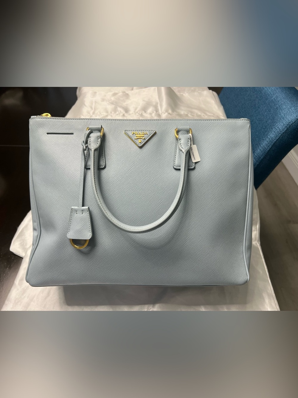 Authentic Prada Galleria Large Saffiano Leather Tote Light Blue Gold Hardware